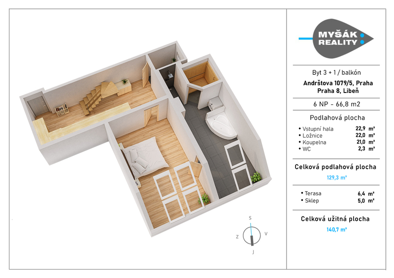 Prodej půdního bytu 3+1 s halou, terasou a sklepem